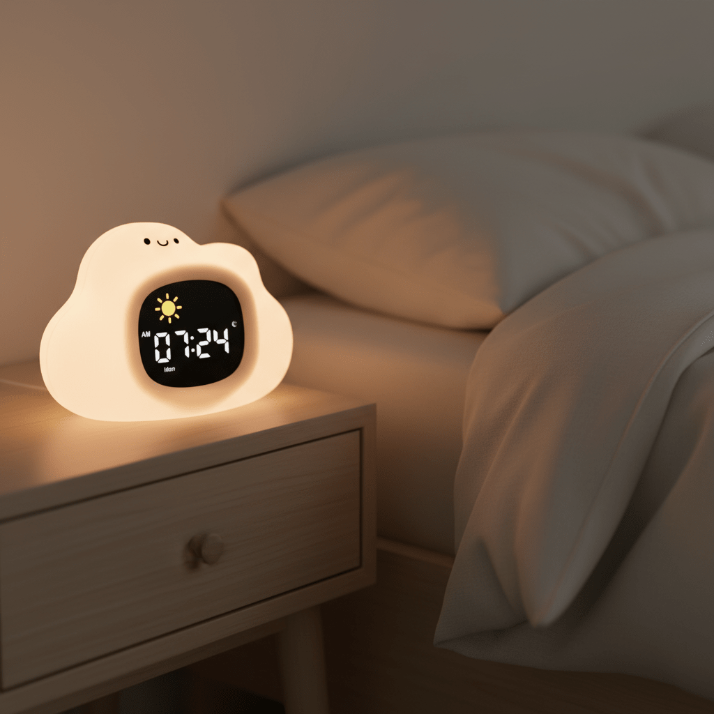 Noomu søvntræner og natlampe til børn med måne- og sol-symbol og white noise