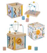 WOOD BEEZ Aktivity Cube i træ med hammerbræt og farverige knapper til småbørn