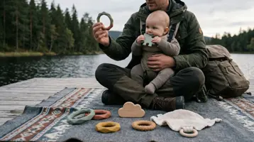 Far sidder på en badebro med en baby i bæresele, der bider i en silikonebidering, mens flere bideringe i silikone og træ ligger på tæppet foran dem.