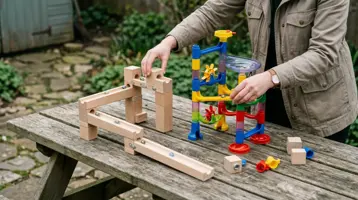 Kuglebane i træ og kuglebane i plast stillet op ved siden af hinanden