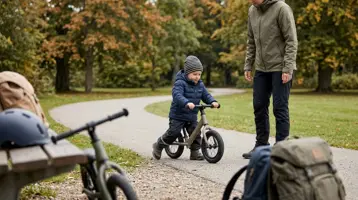 Lille barn der skubber sig frem på en løbecykel på en fast sti
