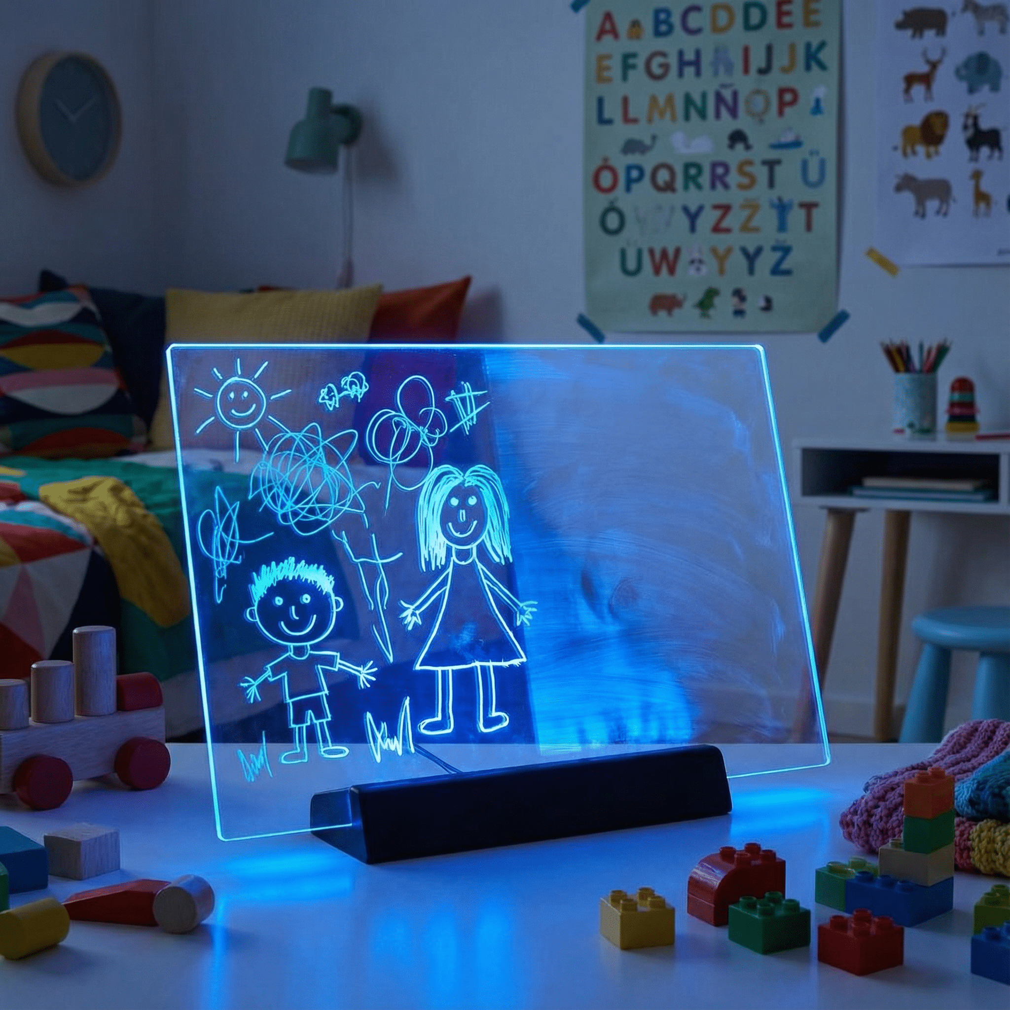 PrismoBoard gennemsigtig akryl-tegnetavle med LED-lys og farvetusser til børn
