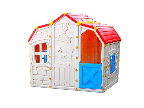 Legehuset Fantasy XL i lyseblå og gul plast med åbne døre, vinduer og altan til haven
