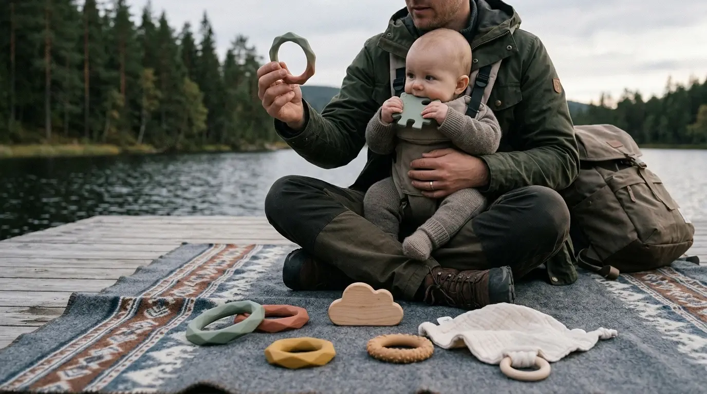 Far sidder på en badebro med en baby i bæresele, der bider i en silikonebidering, mens flere bideringe i silikone og træ ligger på tæppet foran dem.