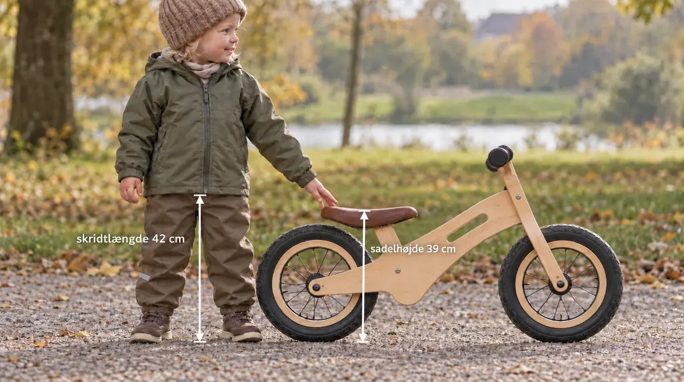 Barn ved siden af en løbecykel med skridtlængde og sadelhøjde markeret med målepile
