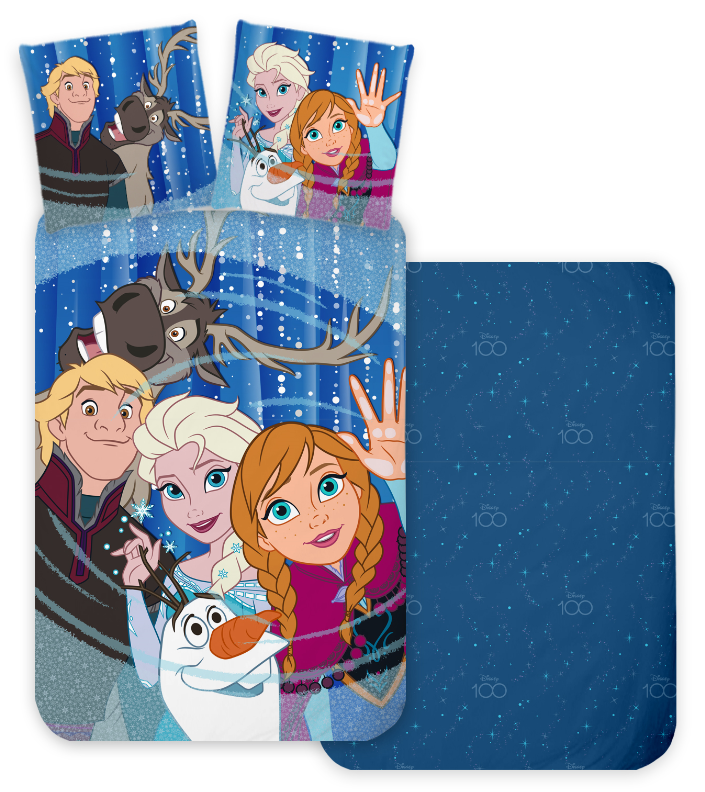 Sengetøj med Frost-motiv, hvor Elsa, Anna, Olaf, Kristoffer og rensdyret Sven står samlet på blå bund, og bagsiden er mørkeblå med snefnug