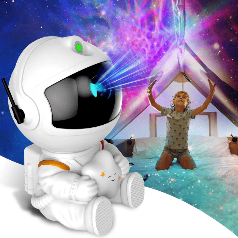 Astronaut-formet stjernehimmel projektor i hvid og blå – projicerer stjerner på loft og vægge