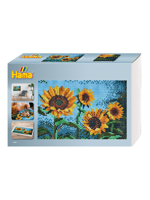 Hama Art Midi Solsikker kunstsæt med seks stiftplader og ca. 10.000 gule og grønne midi-perler